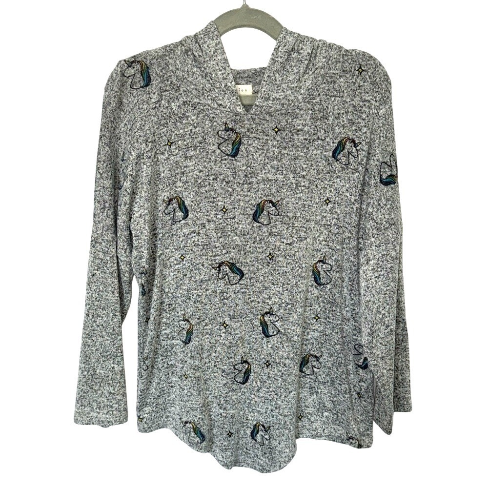 Unicorn Star Print Hoodie Top Gray Soft Knit Occasion Pullover Girls Large